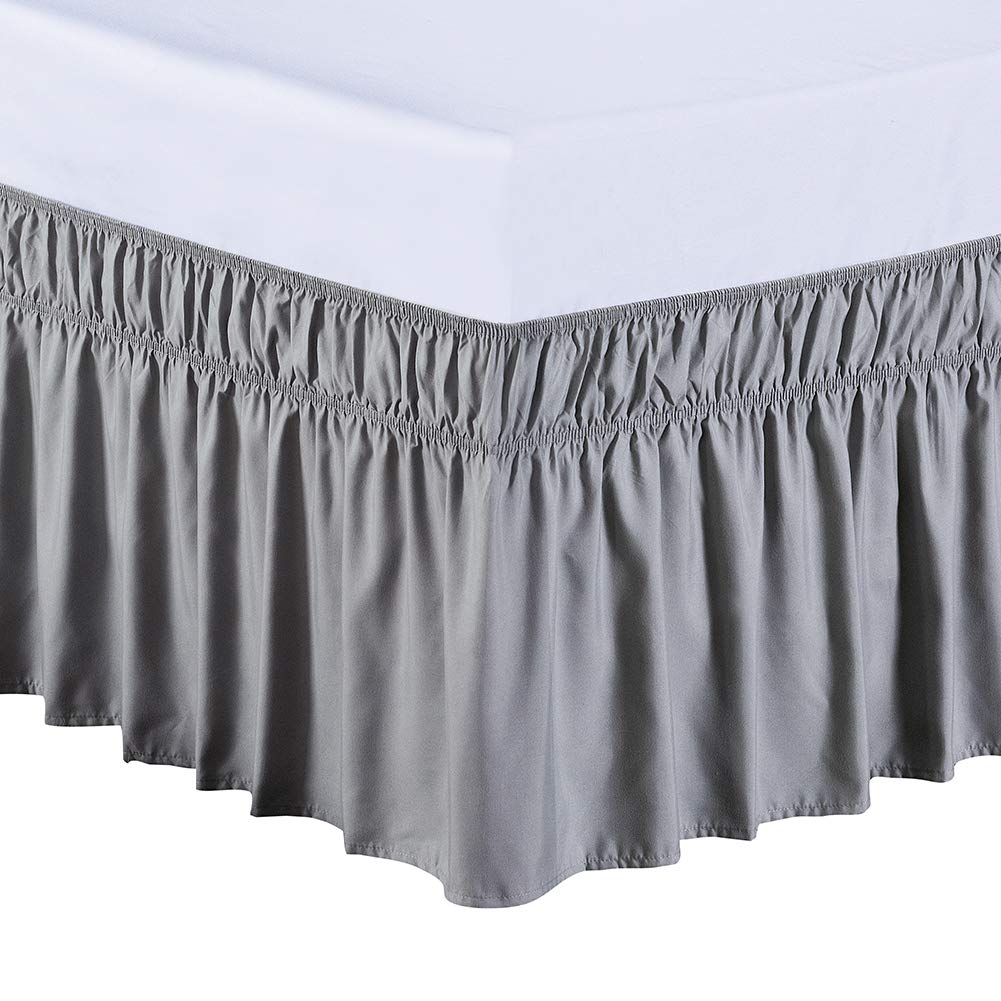 Meila Wrap Around Bed Skirt Three Fabric Sides Elastic Dust Ruffled 18 Inch Tailored Drop,Easy To Install Fade Resistant-Grey, T