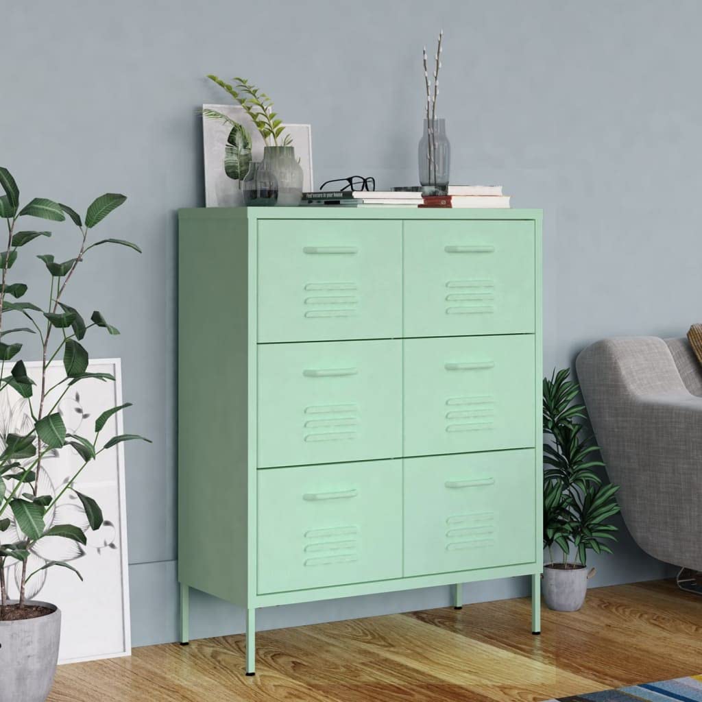vidaXL Steel Drawer Cabinet - Mint Green, 6 Drawers, 31.5&quot; x 13.8&quot; x 40&quot;, Fully Extendable Sections Ballbearing Runners, 264.5lb Total Load Capacity, Requires Assembly