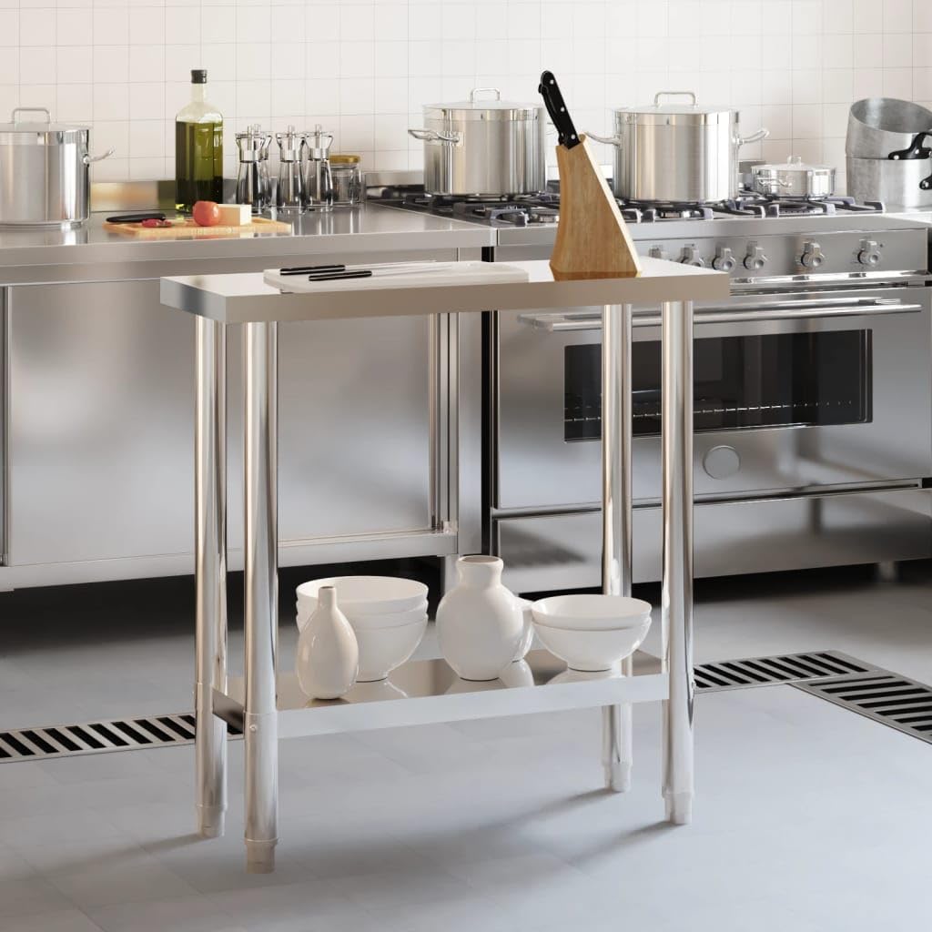 vidaXL Stainless Steel Kitchen Work Table with Under Shelf - Silver, Durable Prep Station for Restaurant/Commercial Use, Easy to Clean