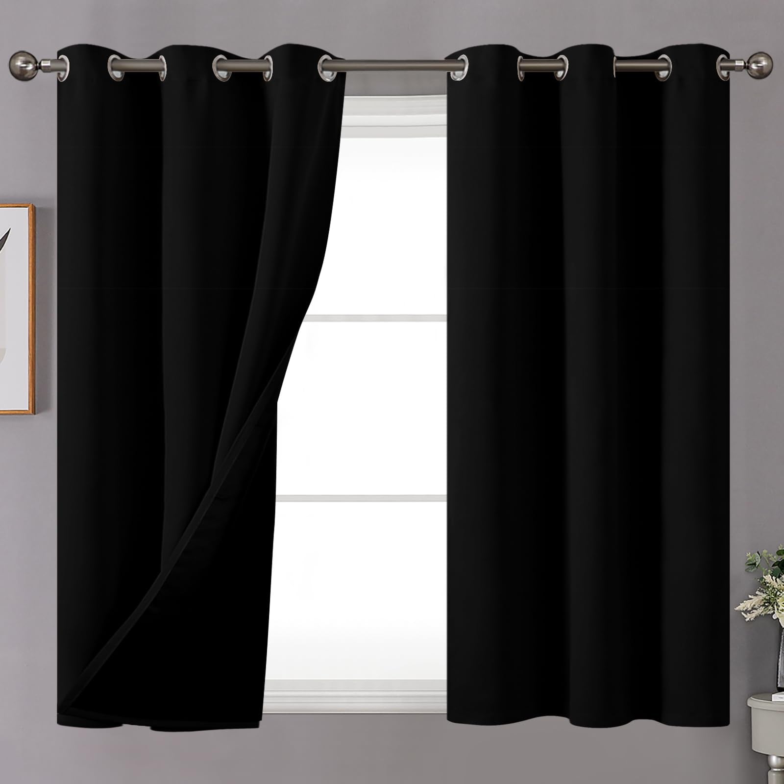 Youngstex Short Blackout Curtains 40 Inch Length For Window, Grommet Double Layer Full Room Darkening Drapes For Bedroom Kids Ba