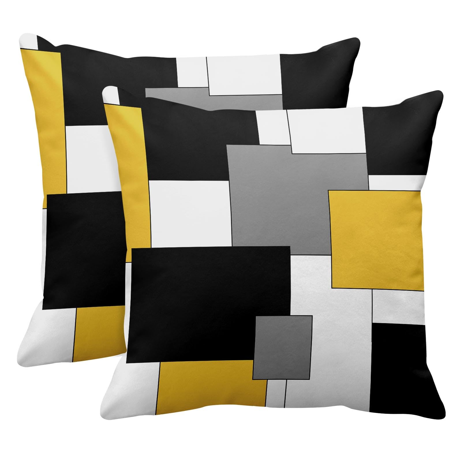 Emvency Set Of 2 Yellow Geometric Throw Pillow Covers Black Grey White Painting Abstract Checkered Design Decorative Pillow Case