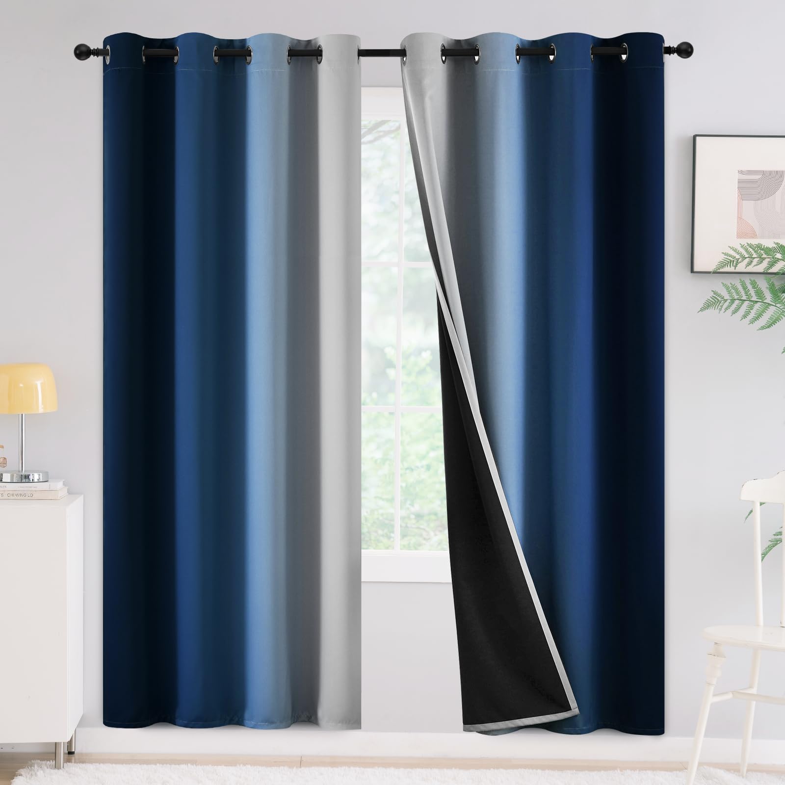 Yakamok 100% Blackout Curtains 72 Inches Long,Room Darkening Blue Curtains Ombre For Bedroom Grommet Thermal Insulated Gradient