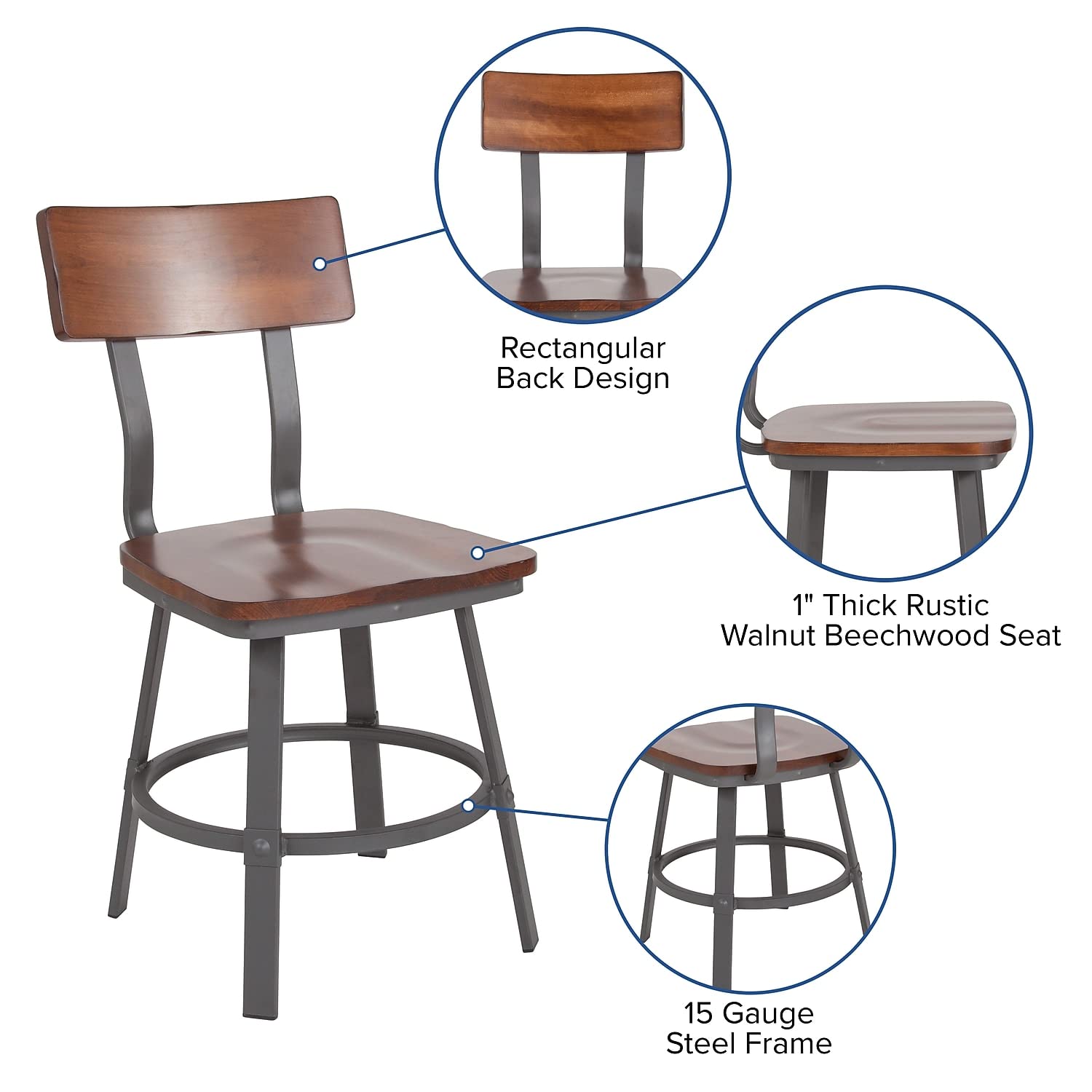 Flash Furniture Flint Series Rustic Walnut Restaurant Chair With Wood Seat & Back And Gray Powder Coat Frame