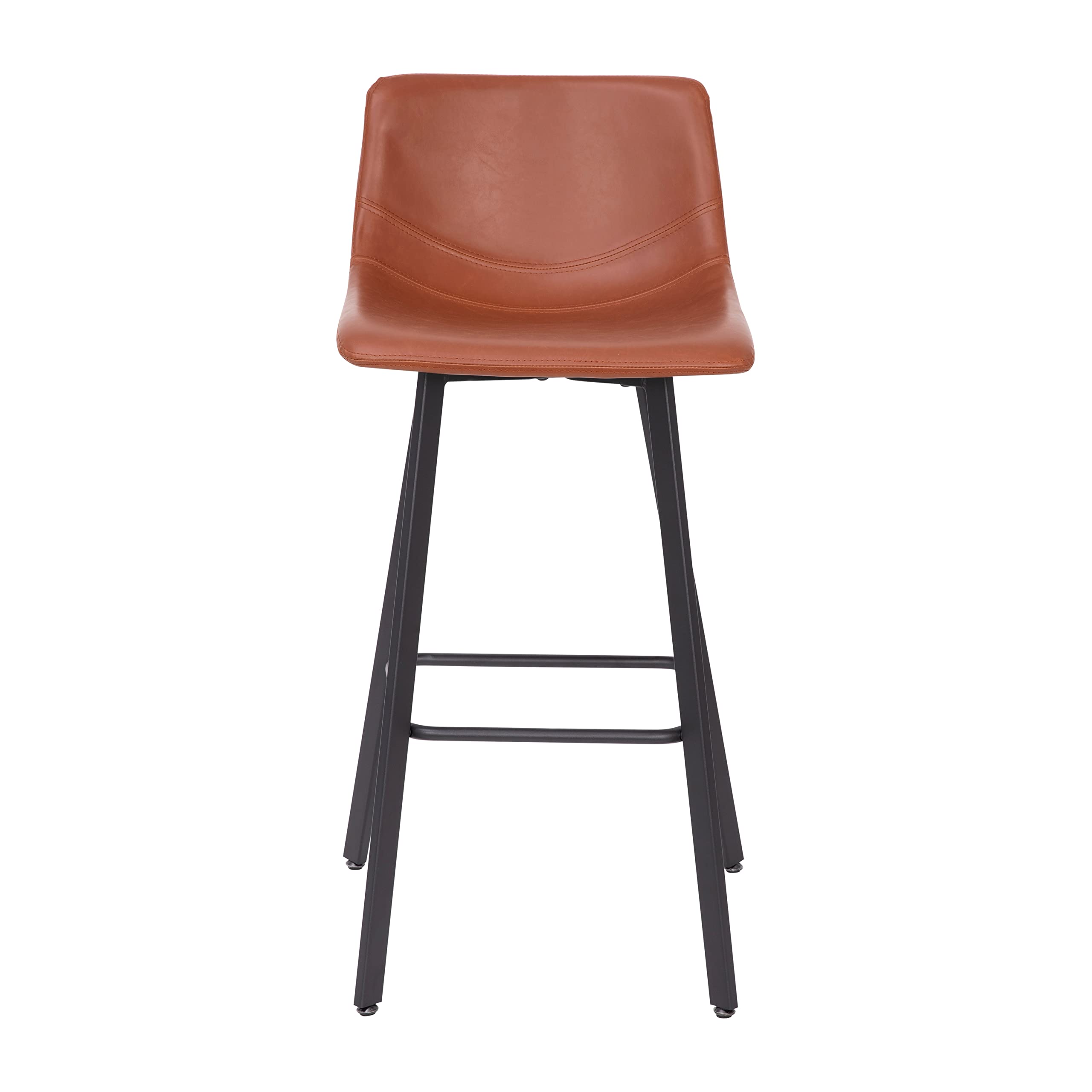 Flash Furniture Caleb Modern Commercial Barstools with Footrests - Cognac LeatherSoft -30 Inch - Black Matte Iron Frame - Armless - Set of 2