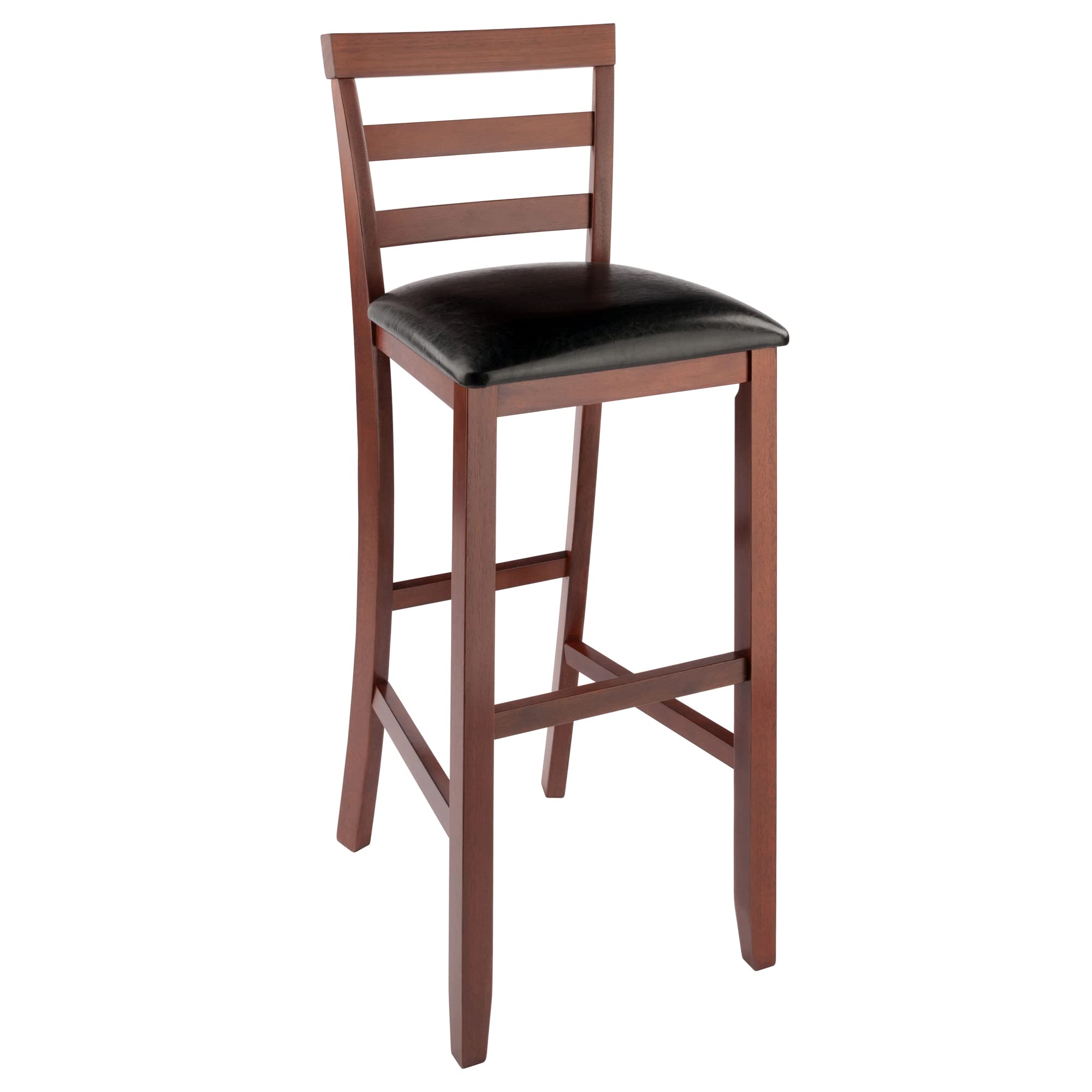 Winsome Simone 2-Pc Ladder Back Bar Stools Set, 30' Seat Height, Walnut Finish with Black Faux Leather