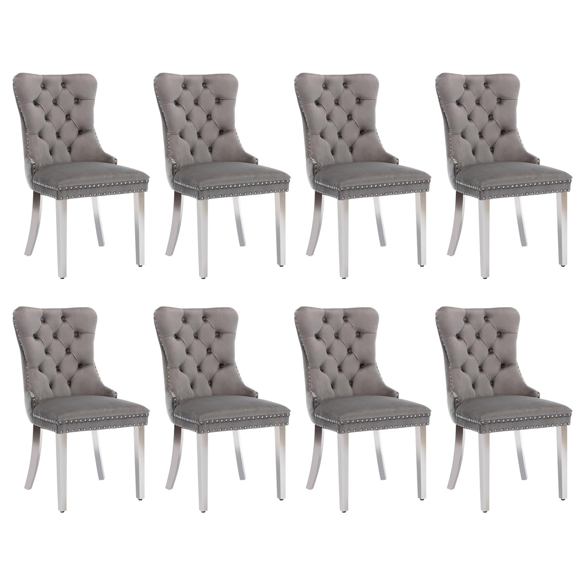 Soarflash Velvet Dining Chair Set Of 8, Upholstered Tufted Dining Room Chair With Nailhead Trim And Solid Silver Plated Leg For