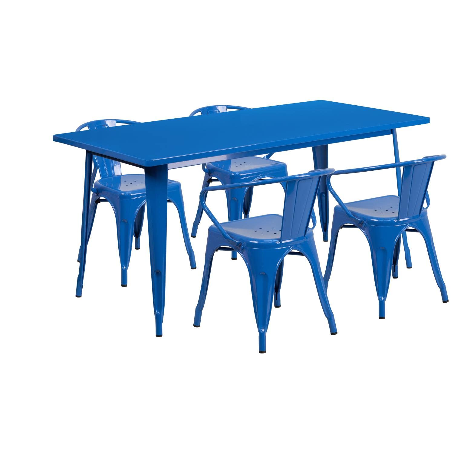 Flash Furniture Commercial Grade 31.5&quot; x 63&quot; Rectangular Blue Metal Indoor-Outdoor Table Set with 4 Arm Chairs