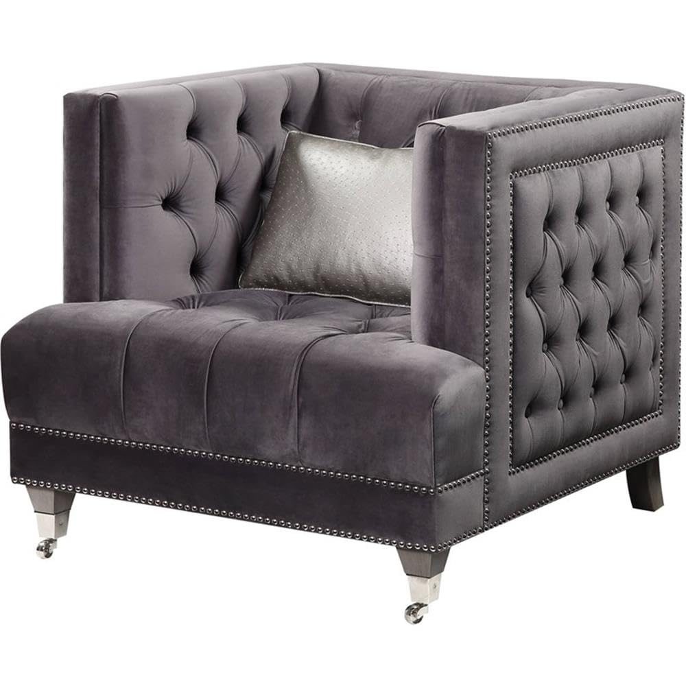 Acme Hegio Velvet Tufted Nail-Head Trim Chair with 1 Pillow in Gray