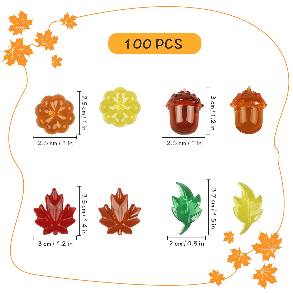 100Pcs Acrylic Leaves Mini Pumpkins Acorns Maple Leaves Acrylic Fall Decorations, Thanksgiving Table Scatter Fall Vase Filler Ge