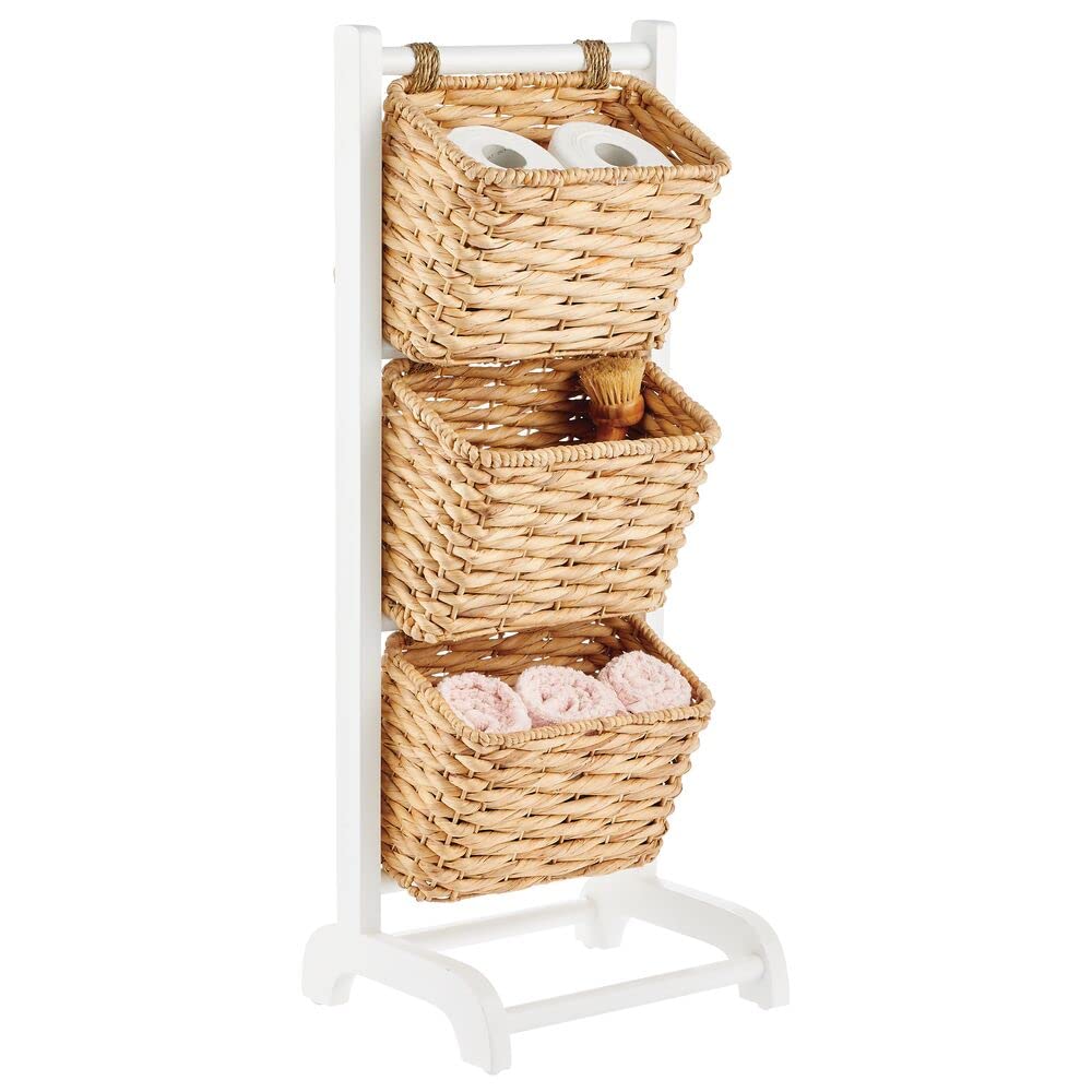 mDesign Water Hyacinth 3-Tiered Storage Baskets Floor Stand with Market Basket Storage Bins - Vertical Standing Rack for Living 