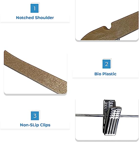 Wood-Look Standard Shaped Hangers with Clips, Swivel Hook & Pant Bar, Pack of 10/20