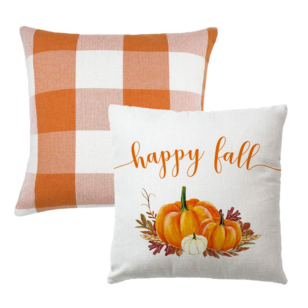 7Colorroom Set Of 2 Orange And White Buffalo Check Plaid Throw Pillow Covers Farmhouse Decor Happy Fall Harvest Pumpkin Cushion
