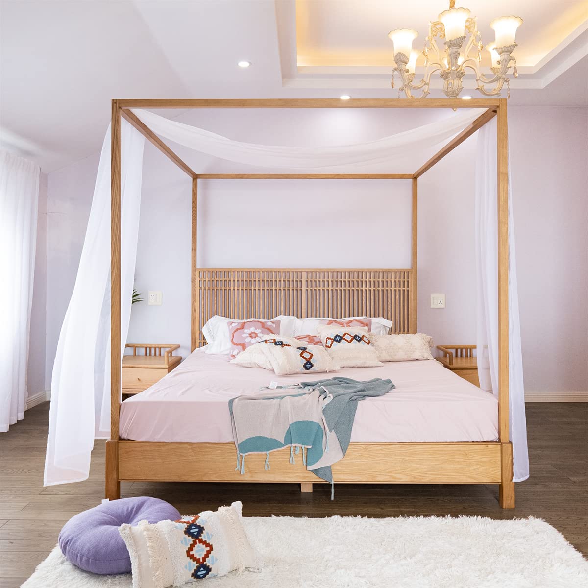 Linentalks White Canopy Bed Scarf For Twin Bed, Luxury Sheer Bed Canopy Scarf, Sheer Scarf Valance Canopy Bed Drapes, Four Post