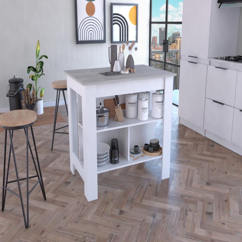 Kitchen Island Dozza, Three Shelves - White/Ibiza Marble