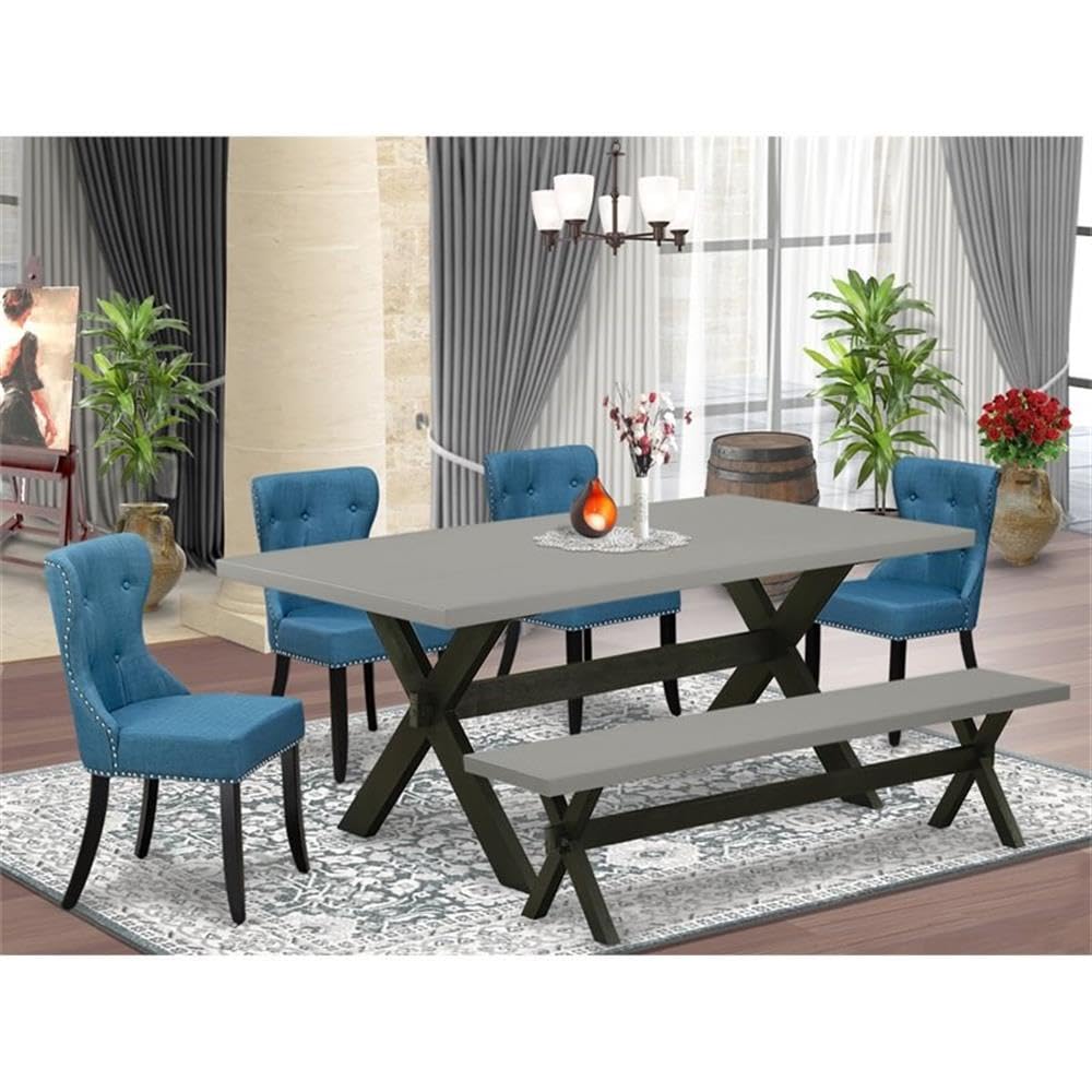 East West Furniture X697Si121-6 6 Piece Dining Table Set Contains A Rectangle Wooden Table With X-Legs And 4 Blue Linen Fabric Upholstered Chairs With A Bench, 40X72 Inch, Multi-Color