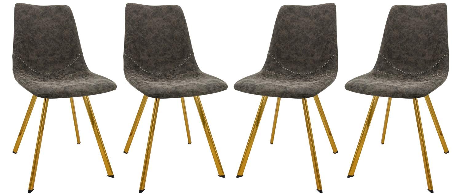 LeisureMod Markley Modern Leather Dining Chairs Kitchen Chairs with Gold Legs Set of 4 (Grey)