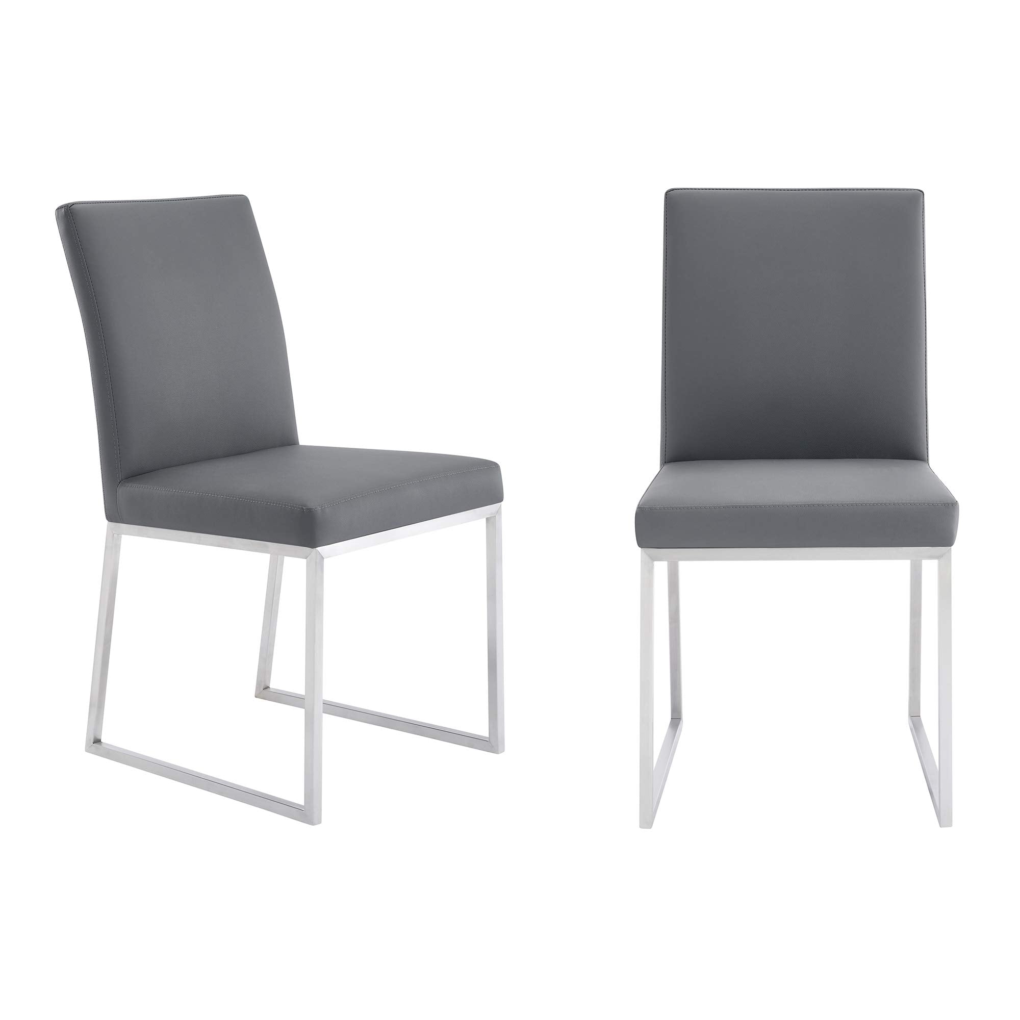 Armen Living Trevor Contemporary Faux Leather Dining Chair - Set of 2, 20'' Seat Height, Gray and Brushed Stainless Steel