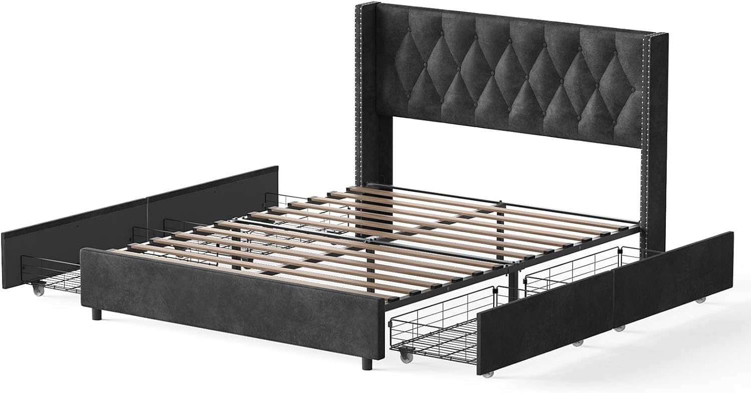 Woodpeckers Furniture And Mattress Amelia 4-Drawer Velvet Platform Bed (Black, Queen (U.S. Standard))