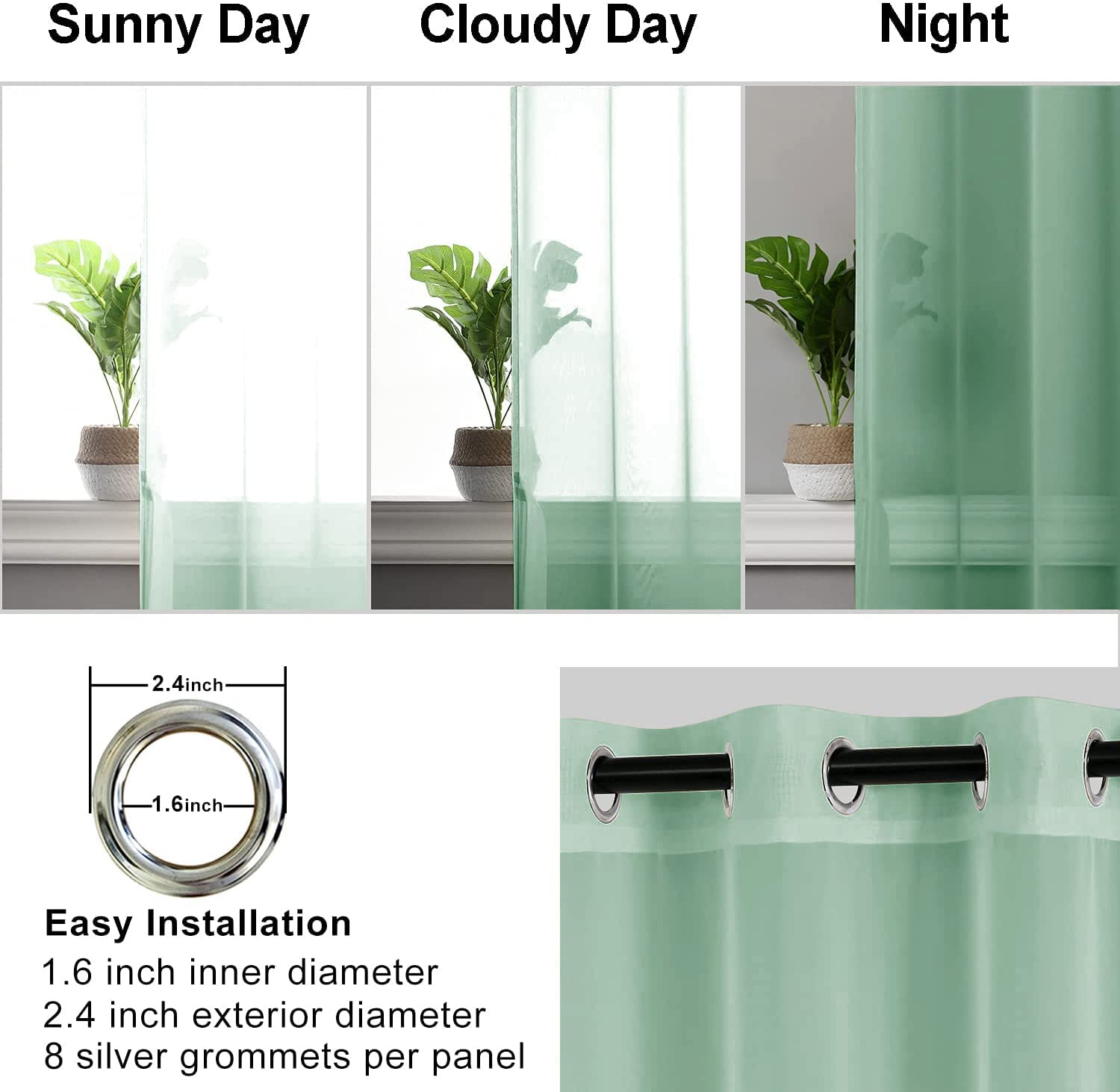 Hiasan Sheer Curtains 96 Inches Long With Tiebacks, Light Filtering Semi Transparent Lightweight Voile Grommet Window Curtains For Bedroom, Living Room, Bean Green, W52 X L96, 2 Drape Panels