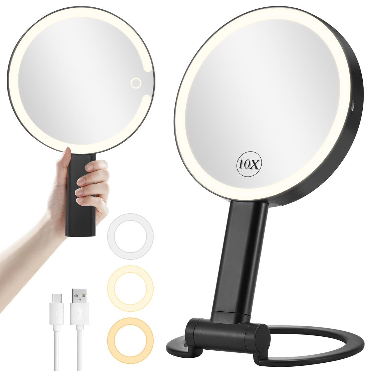 Travel Makeup Mirror with Lights, Rechargeable 1X/10X Magnifying Mirror with Light, Portable Double Sided Lighted Vanity Mirror 