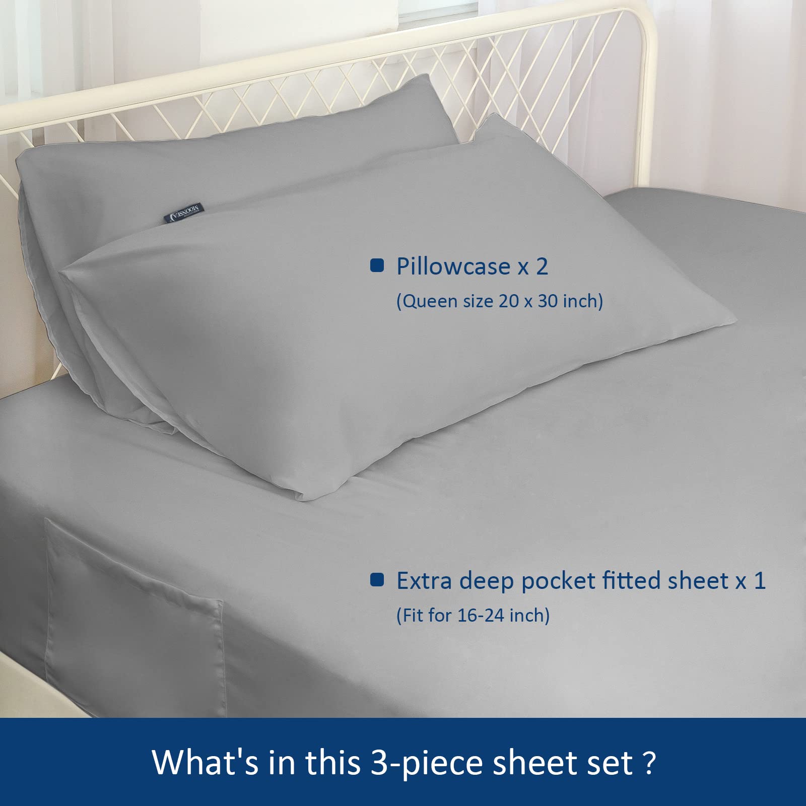 Moonsea Twin Xl Sheet Sets Deep Pocket - 3Piece Extra Long Twin Sheets For Drom Room Essentials - Twin Xl Sheets With Side Pocket - Easily Fits 16 In To 24 In Pillow Top Bed Mattress(Grey)