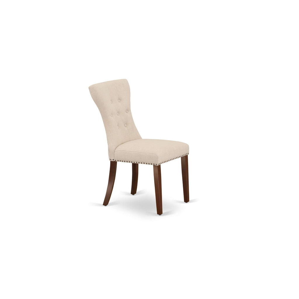 East West Furniture Dlga3-Mah-32 3 Piece Modern Dining Table Set Contains A Round Wooden Table With Dropleaf And 2 Light Beige Linen Fabric Parsons Dining Chairs, 42X42 Inch, Mahogany