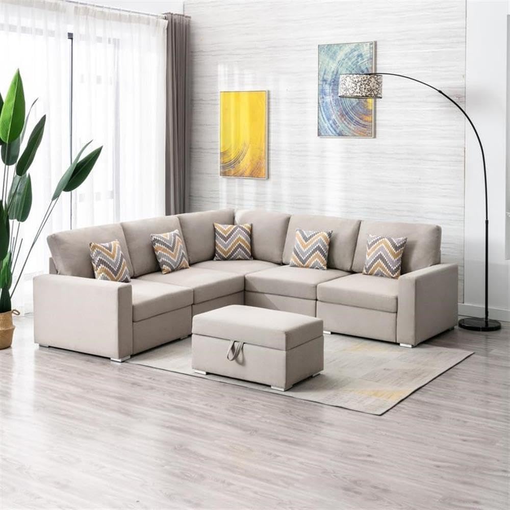 Lilola Home Nolan Beige Linen Fabric 6Pc Reversible Sectional Sofa with Pillows, Storage Ottoman, and Interchangeable Legs