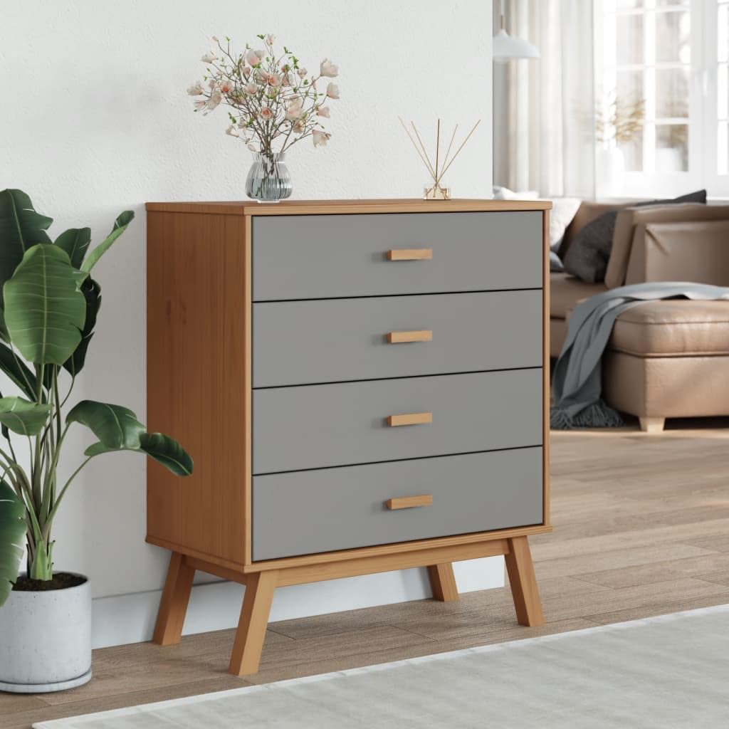 vidaXL Olden Wooden Drawer Cabinet - Solid Pine Wood Storage Chest with 4 Drawers in Gray/Brown, Scandinavian Sideboard for Bedroom/Living Room