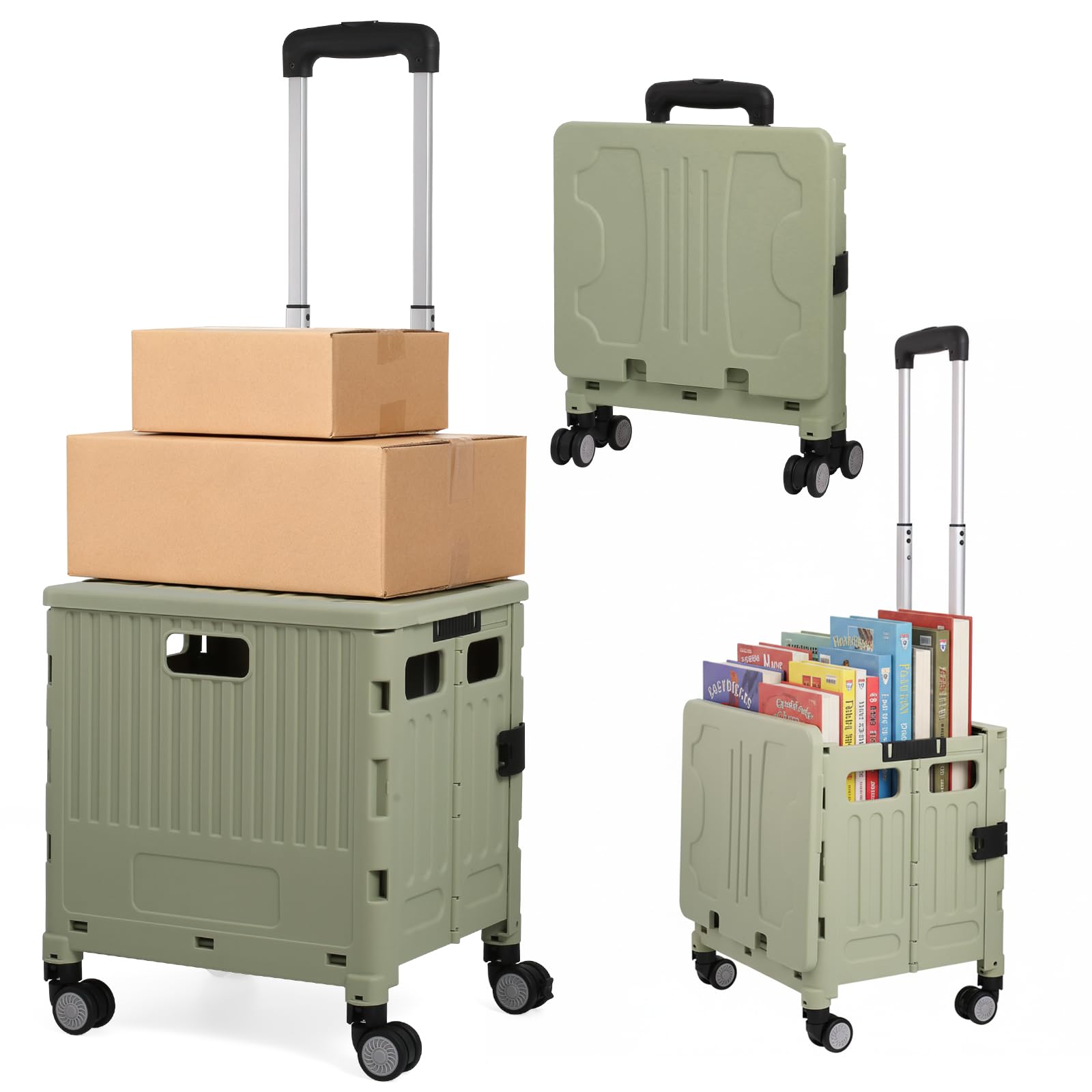 Luckybell Rolling Cart for Teachers,Folding Rolling Crate Collapsible Utility Handcart Shopping Trolley Tool Box, with Lid, Bask