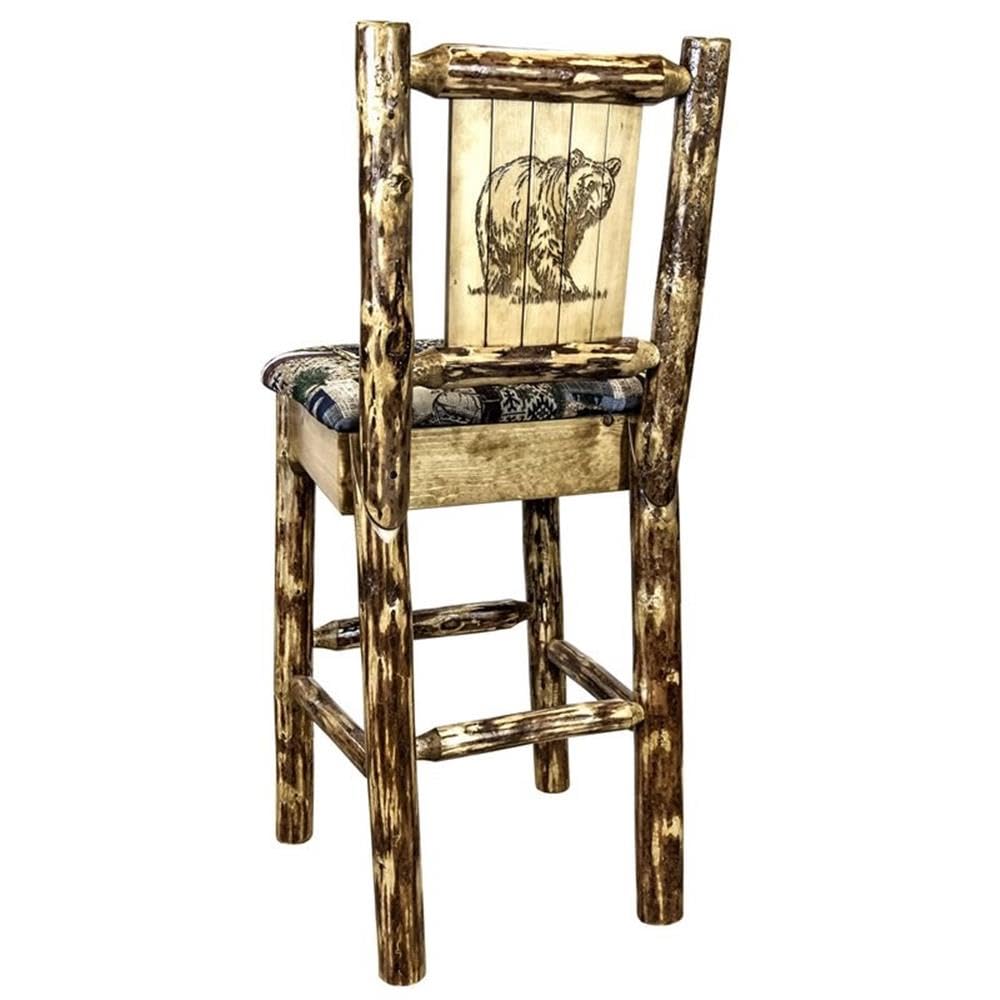 Montana Woodworks Glacier Country Collection Counter Height Barstool with Upholstered Seat, Woodland Pattern, Laser Engraved Bear Design, Stained & Lacquered