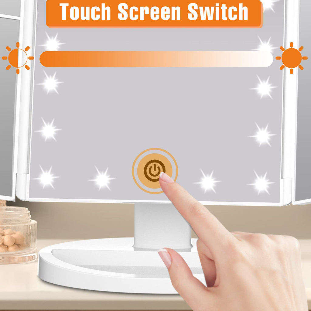 Fascinate Trifold Vanity Mirror With Lights, Lighted Makeup Mirror 2X/3X Magnification, 21 Led Touch Dimming, Dual Power 180 Rot