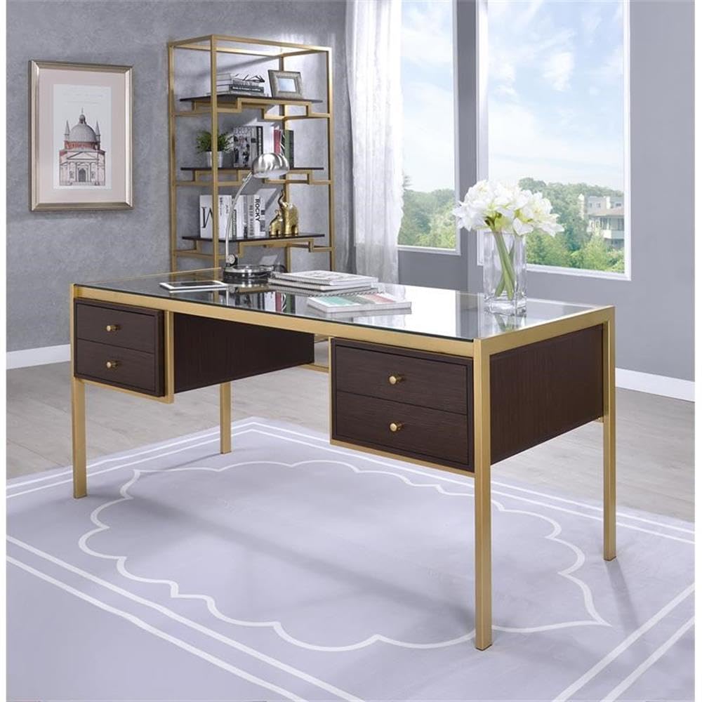 Acme Yumia Glass Rectangle Top 4-Drawer Writing Desk in Gold and Clear Glass