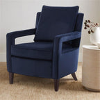 Comfort Pointe Questa Navy Blue Velvet Accent Arm Chair with Open Arms and Brown Legs