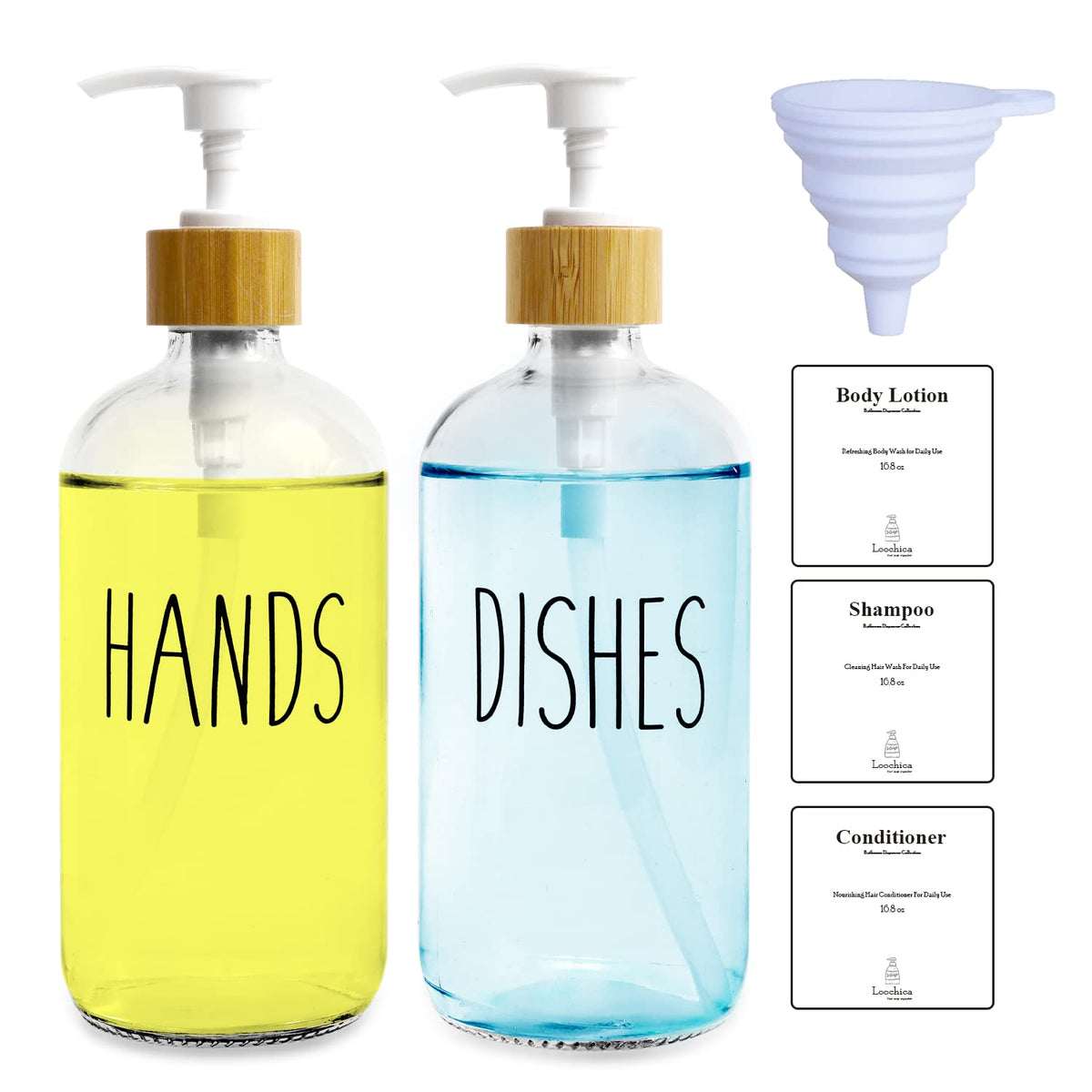 LOOCHICA 2 Pack Clear Glass Soap Dispenser with Plastic Pump, Transparent Dish and Hand Soap Dispenser Set, Refillable Reusable 