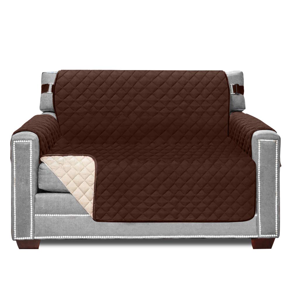 Sofa Shield Chair Slip Cover With Patented Strap, Cushion Protector, Reversible Stain And Dog Tear Resistant Slipcover, Quilted Microfiber 48” Seat, Washable Covers For Dogs Pets Kids, Chocolate Beige