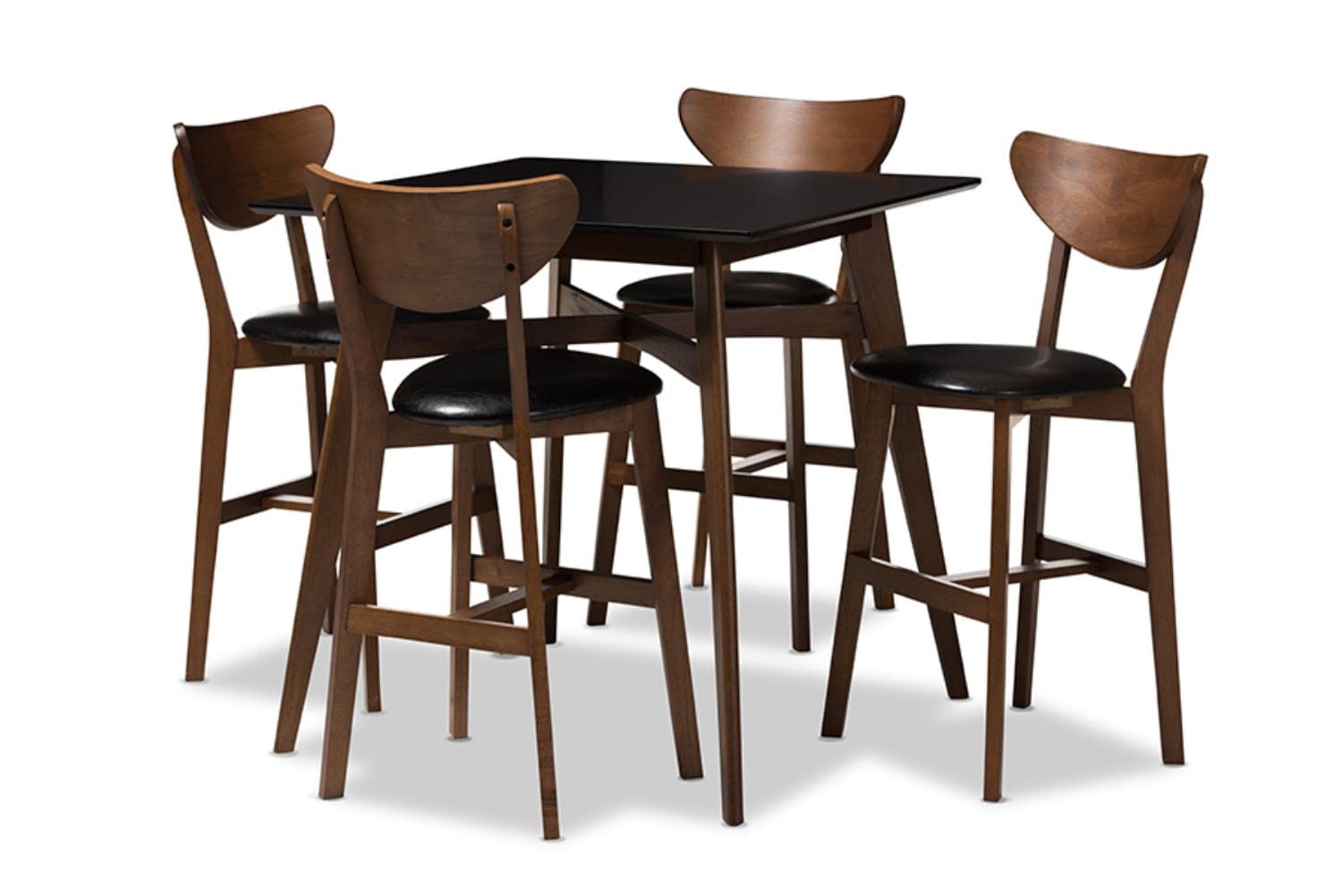 Baxton Studio Eline Mid-Century Modern Black Faux Leather Upholstered Walnut Finished 5-Piece Pub Set Black//Medium Wood/Mid-Century/Table/Faux Leather/Rubber Wood/Foam
