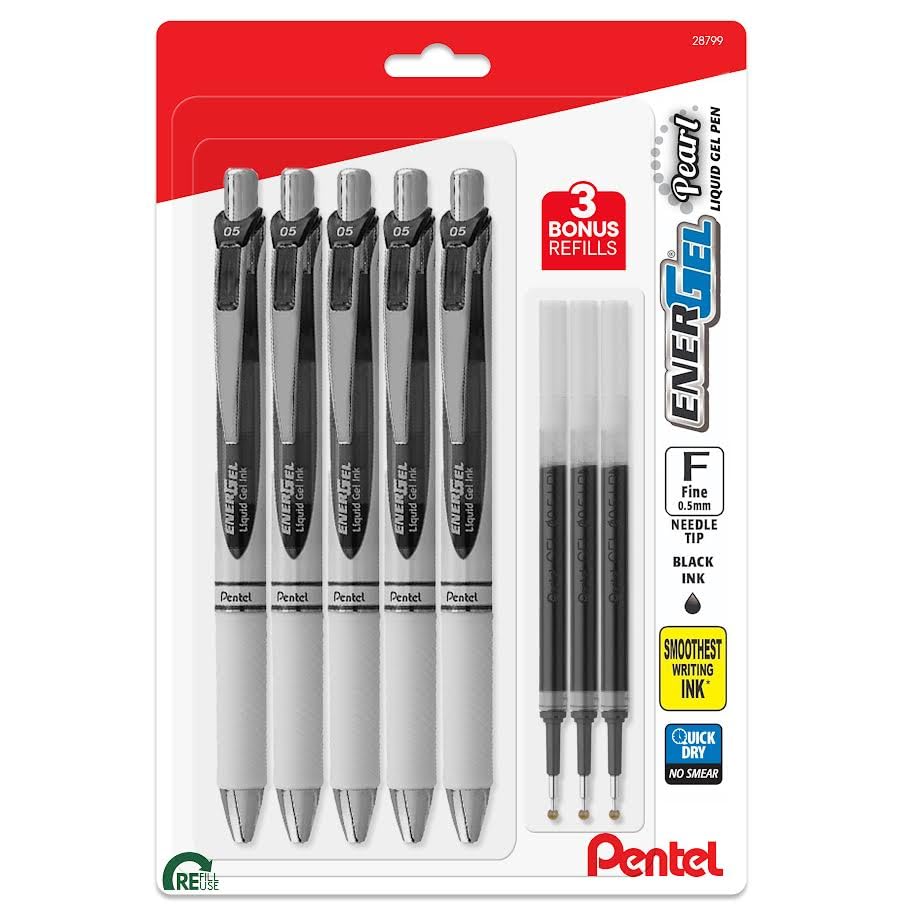 Pentel Energel Rtx Retractable Pearl Pens - Needle Tip - Fine Point, 0.5 Mm - Energel Liquid Gel Ink Pens, Pack Of 5,+ 3 Refills