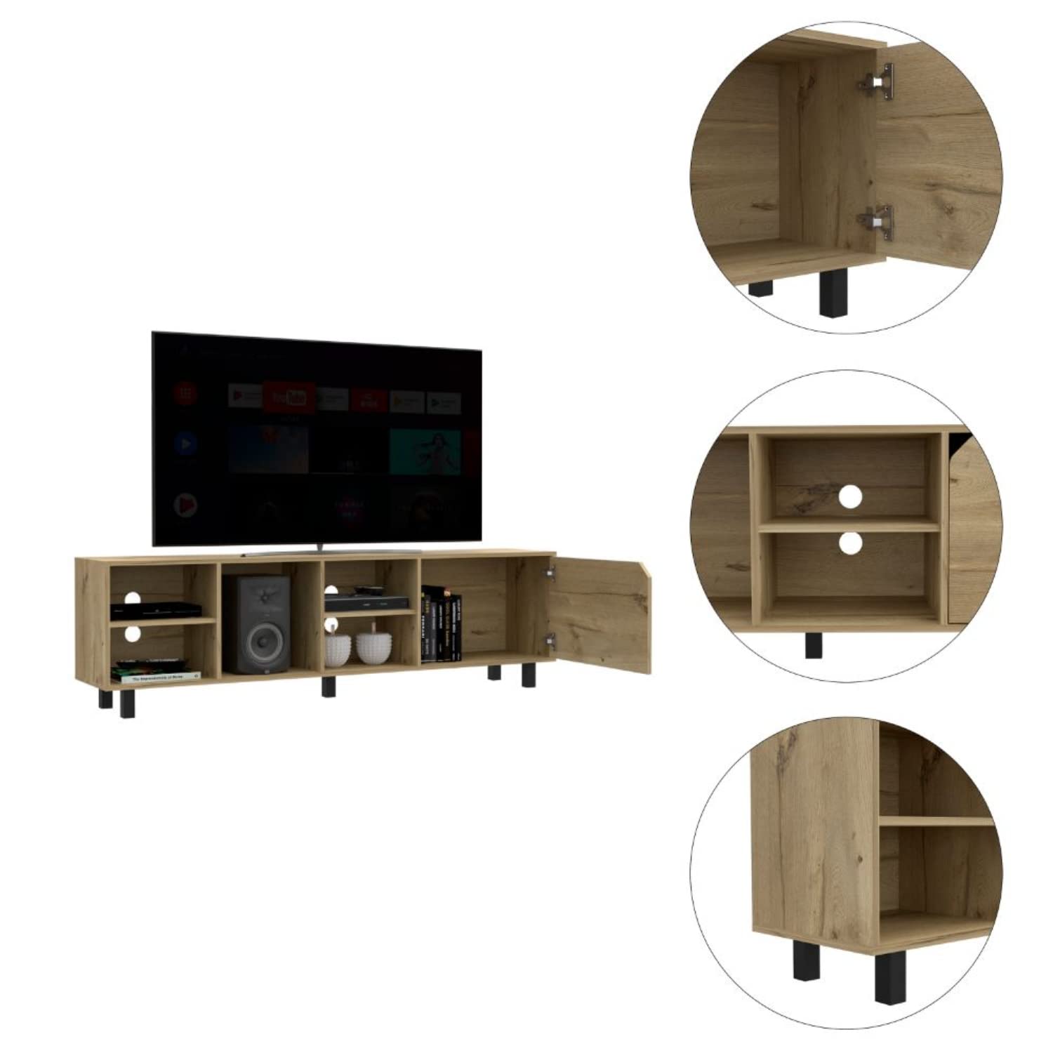 DEPOT E-SHOP Conquest Tv Stand for Tv´S Up 70&quot;, 4 Open Shelves, 5 Legs, Light Oak