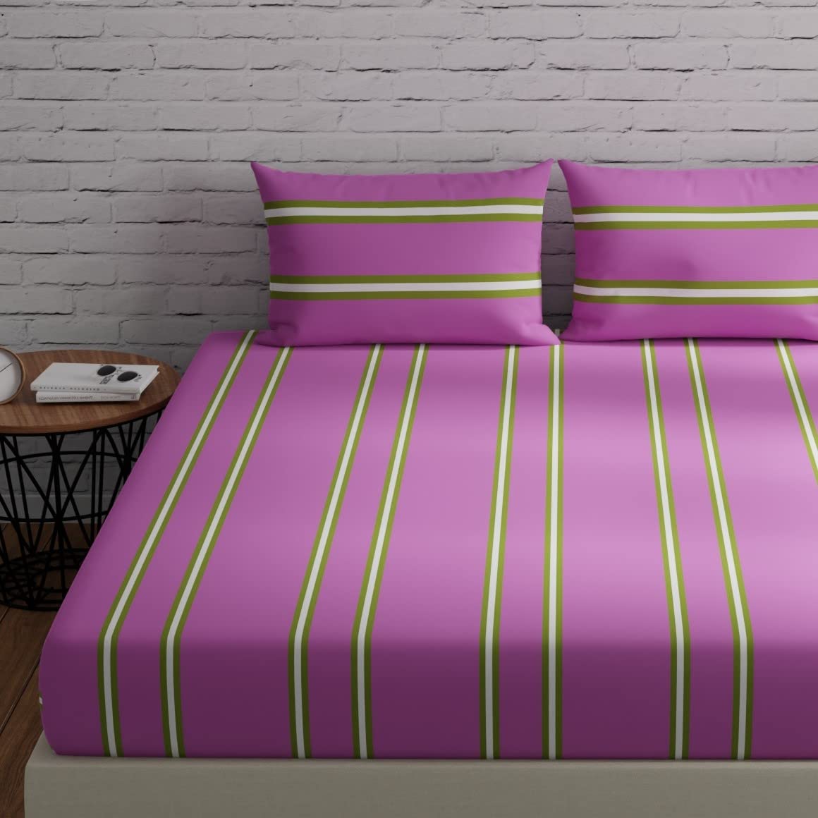 Huesland By Ahmedabad Cotton 144 Tc King Size Bed Sheet Cotton With 2 Pillow Covers | 108 X 108 Inches | Striped Pink & Green
