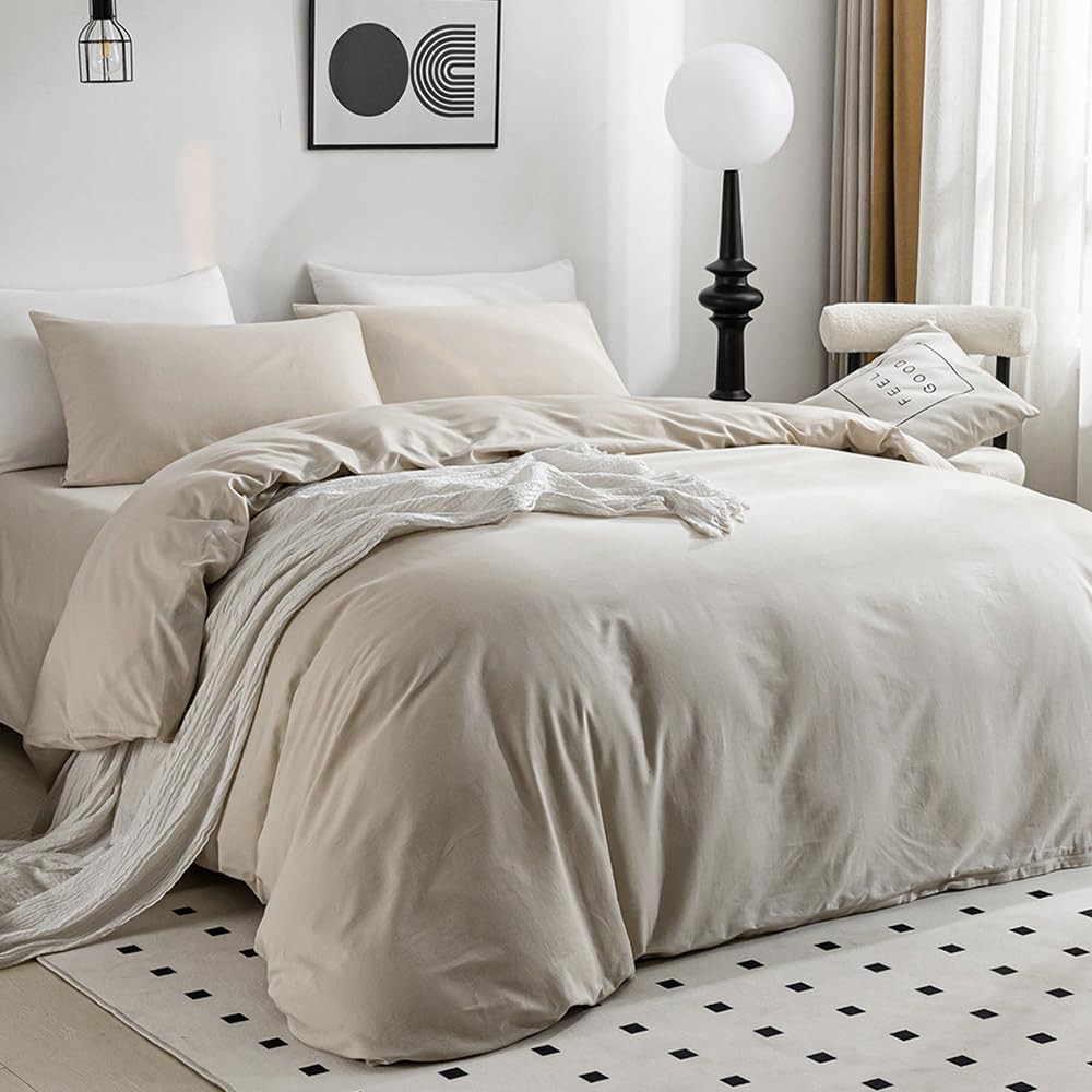 Jellymoni Cotton Duvet Cover Full Size - 100% Washed Cotton Linen Like Textured Comforter Cover, 3 Pieces Lightweight Soft Beddi