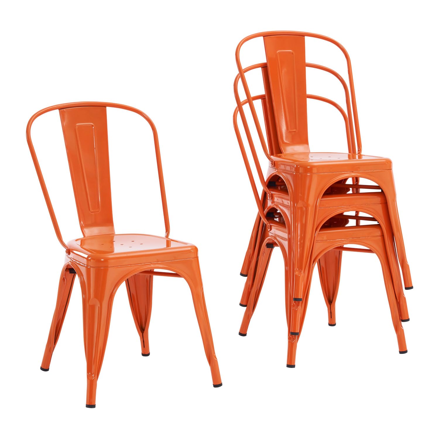 Nazhura Metal Dining Chair Farmhouse Tolix Style For Kitchen Dining Room Café Restaurant Bistro Patio, 18 Inch, Stackable, Waterproof Indoor/Outdoor (Sets Of 4) (Orange, Steel Seat)