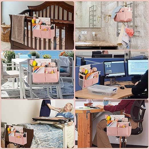 Frjjthchy Bedside Storage Organizer 5 Pockets With 4 Hooks Hanging Storage Bag For Headboards/Bunk Bed (2Pack Pink)