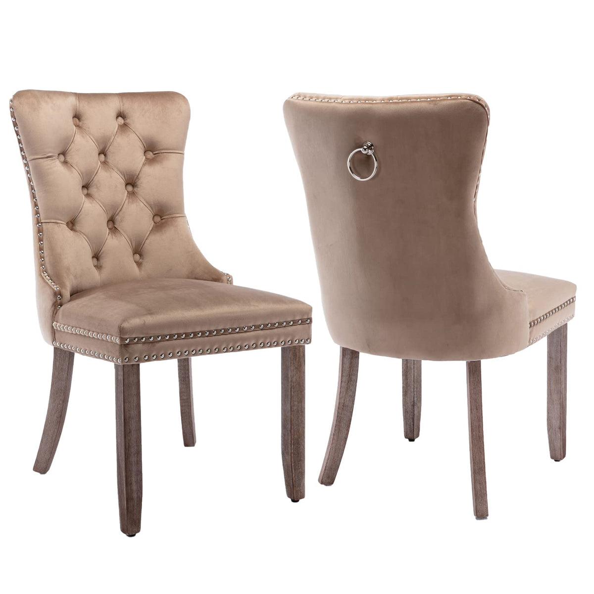 Upholstered Dining Chairs Set Of 2, Velvet Dining Room Chairs With Back Ring Pull Trim And Solid Wood Legs, Tufted Wingback Kitc