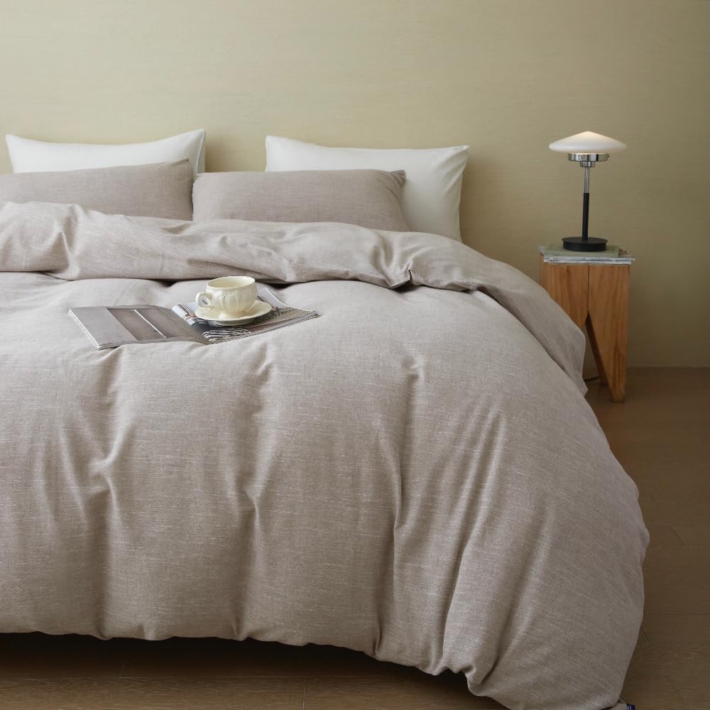 Bfs Home Stonewashed Cotton/Linen Duvet Cover Queen, 3-Piece Comforter Cover Set, Breathable And Skin-Friendly Bedding Set (Khak