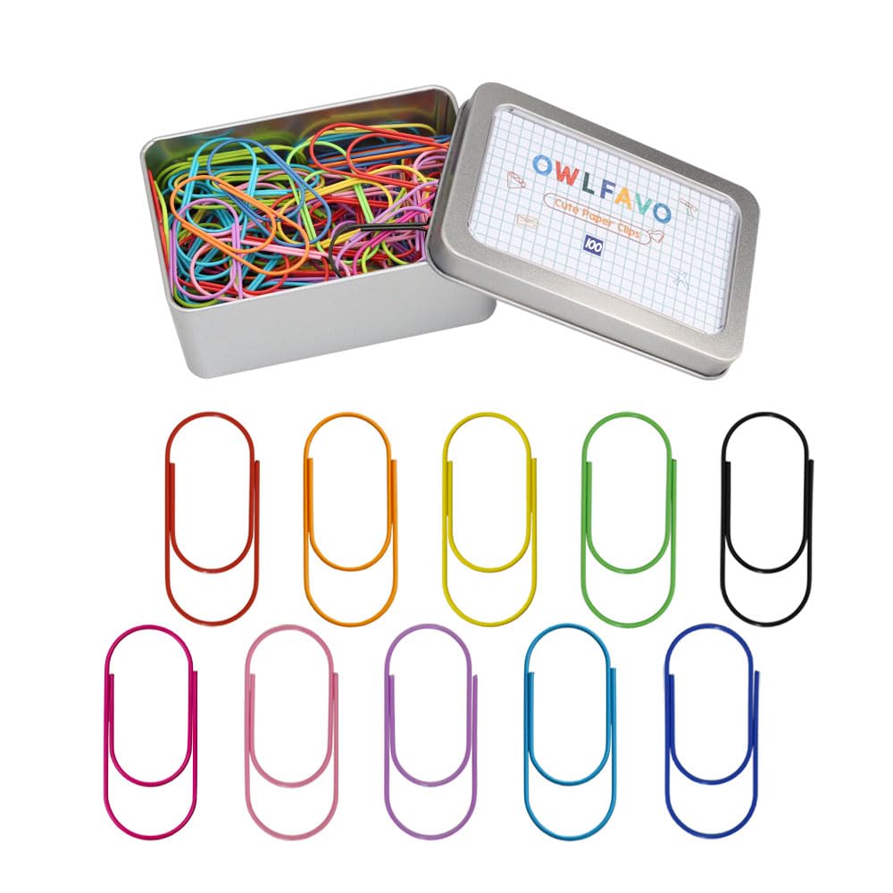 Owlfavo 100Pcs 2 Inch Jumbo Paper Clips With Storage Box, 10 Colors, Funny Cute Paperclips Bookmarks Planner Clips For Fun Offic