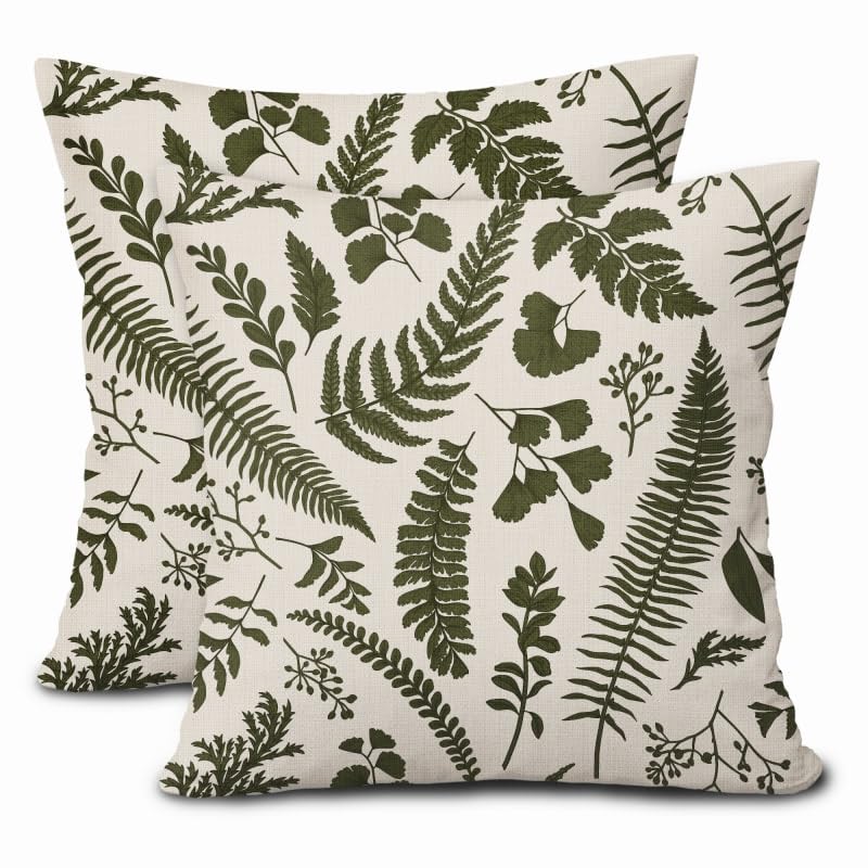 Olive Green Leaf Plant Pillow Covers 18X18 Inch Set Of 2 Tropical Fern Herbs Botanical Leaves Floral Decorative Pillow Cases Vin