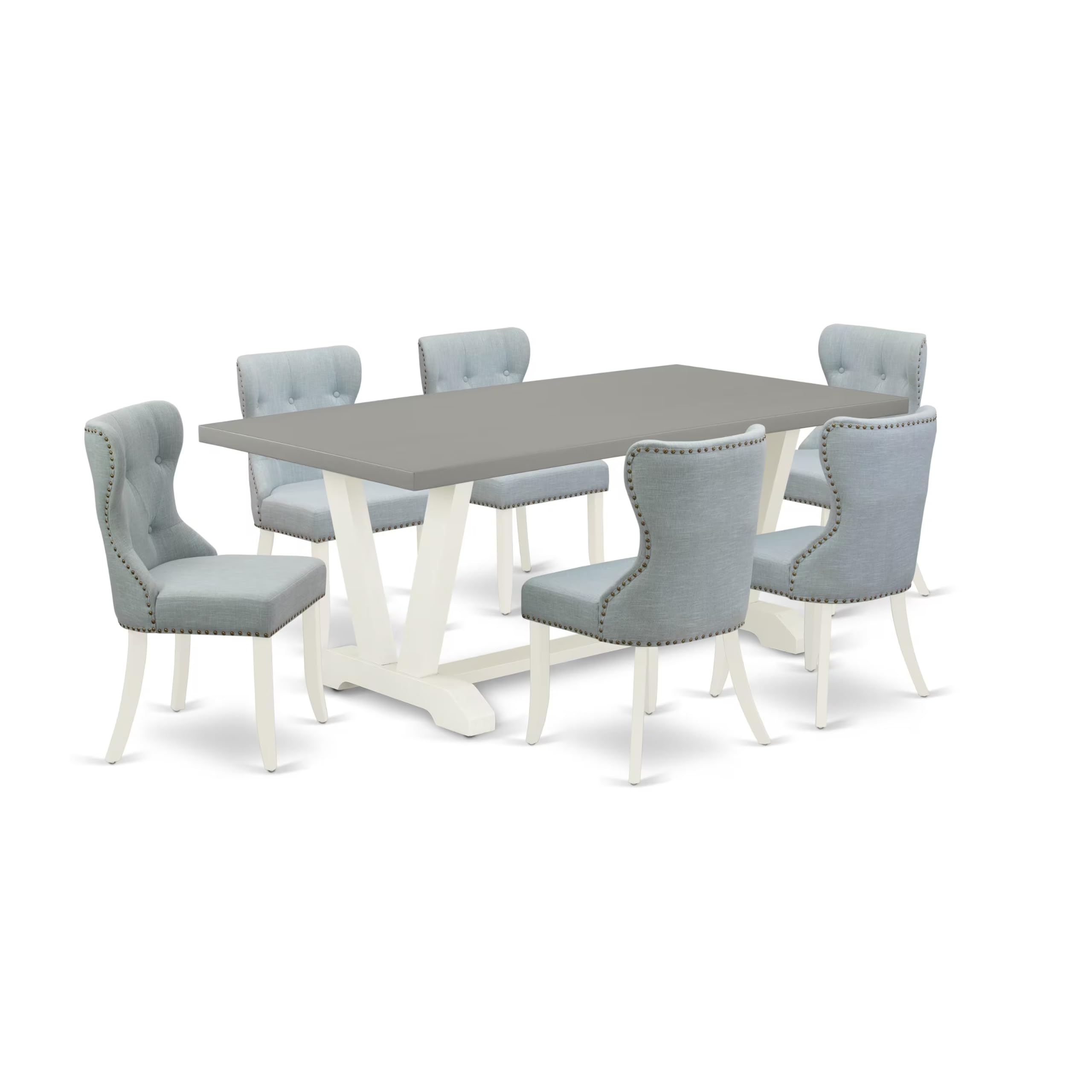 East West Furniture V097Si215-7 7 Piece Dining Table Set Consist Of A Rectangle Kitchen Table With V-Legs And 6 Baby Blue Linen Fabric Parson Dining Room Chairs, 40X72 Inch, Multi-Color