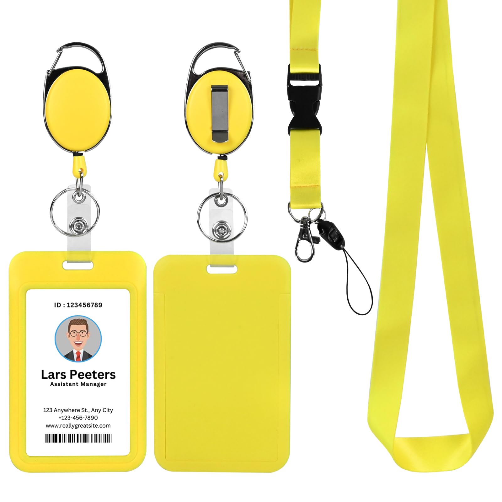 Yellow Lanyard With Vertical Id Holder, Retractable Heavy Duty Oval Carabiner Clip, Abs Casing Badge Holders,For Teacher Student