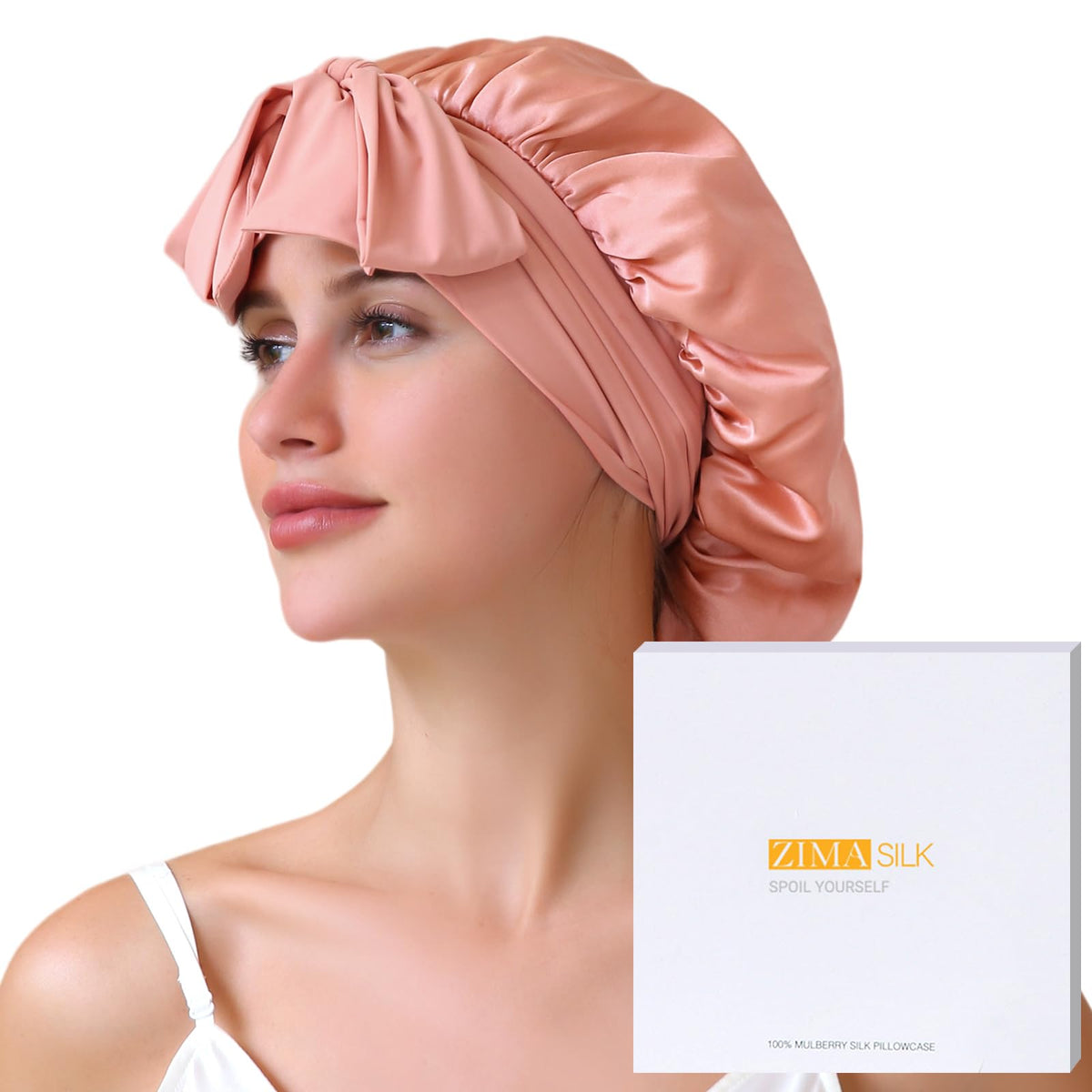 ZIMASILK 19 Momme 100% Mulberry Silk Bonnet for Sleeping Women Long Hair Double Layer Silk Hair Wrap with Tie Band Stay On Head 