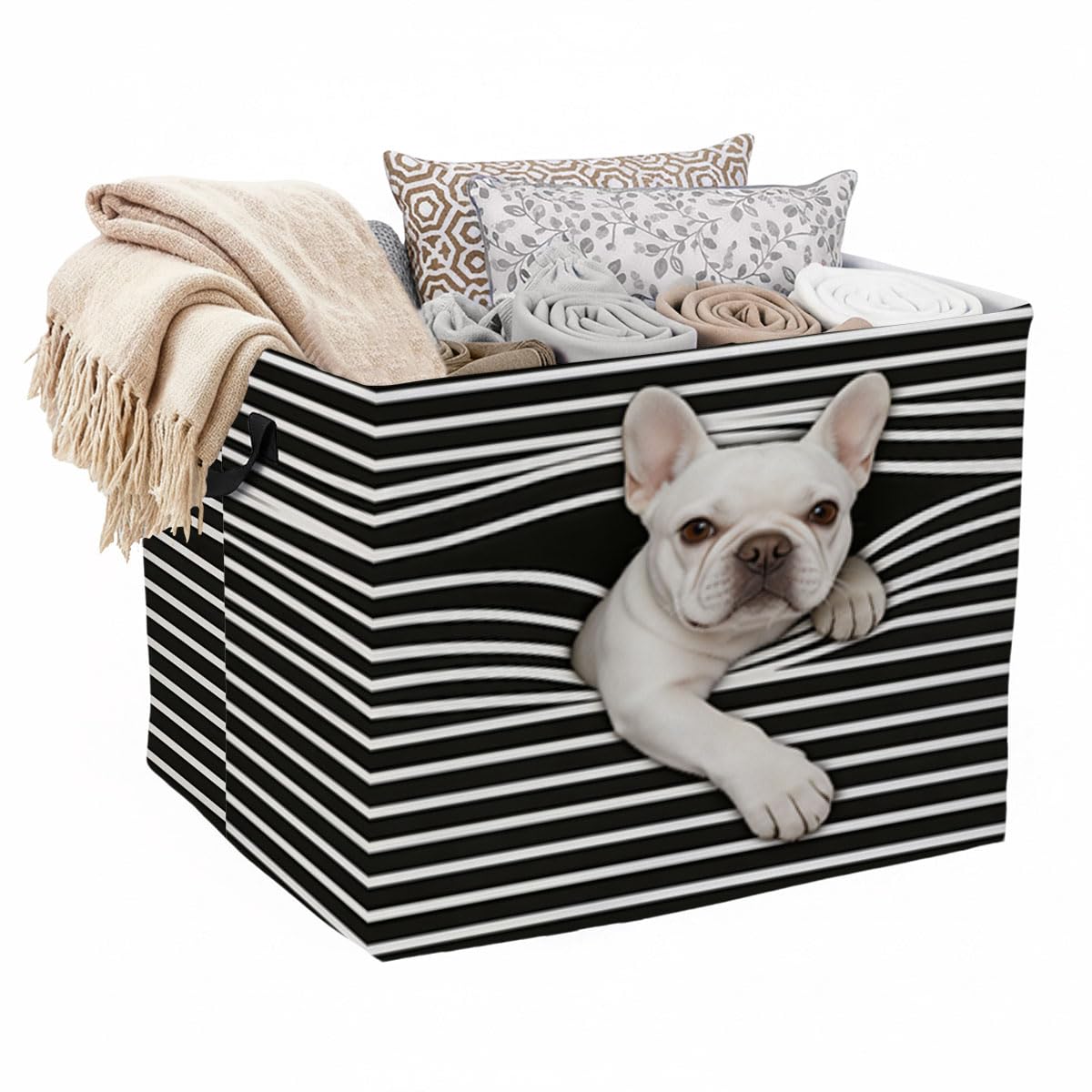 56L Funny French Bulldog Foldable Square Laundry Hamper with Handles  Large Clothes, Blanket & Toy Storage Basket for Home Orga